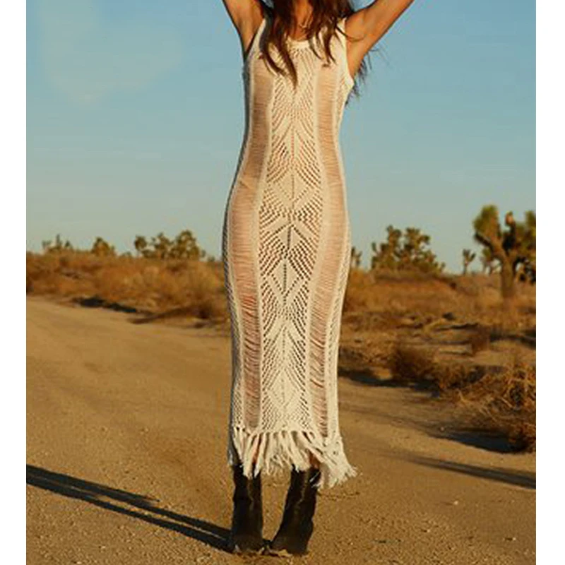 

2019 Knitted Beach Cover up Crochet Pareo Beach Swimsuit Cover up Bathing suit Cover ups Tassel Long beach Dress Robe de plage