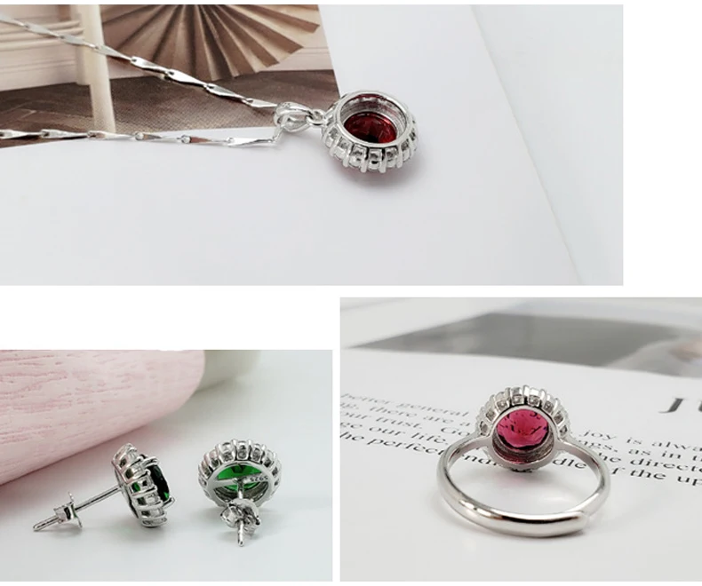 SA SILVERAGE, 925 пробы, серебро, зеленый/красный кристалл, Круглый Кулон, ожерелья, серьги-гвоздики, свадебные кольца, ювелирный набор из 3 предметов
