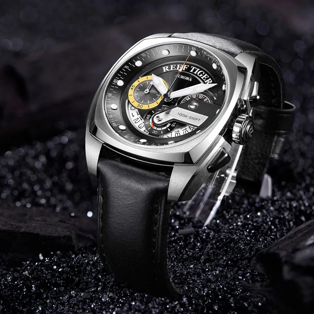  Reef Tiger/RT New Fashion Mens Watches Square Sport Watch Leather Strap Steel Military Wristwatches