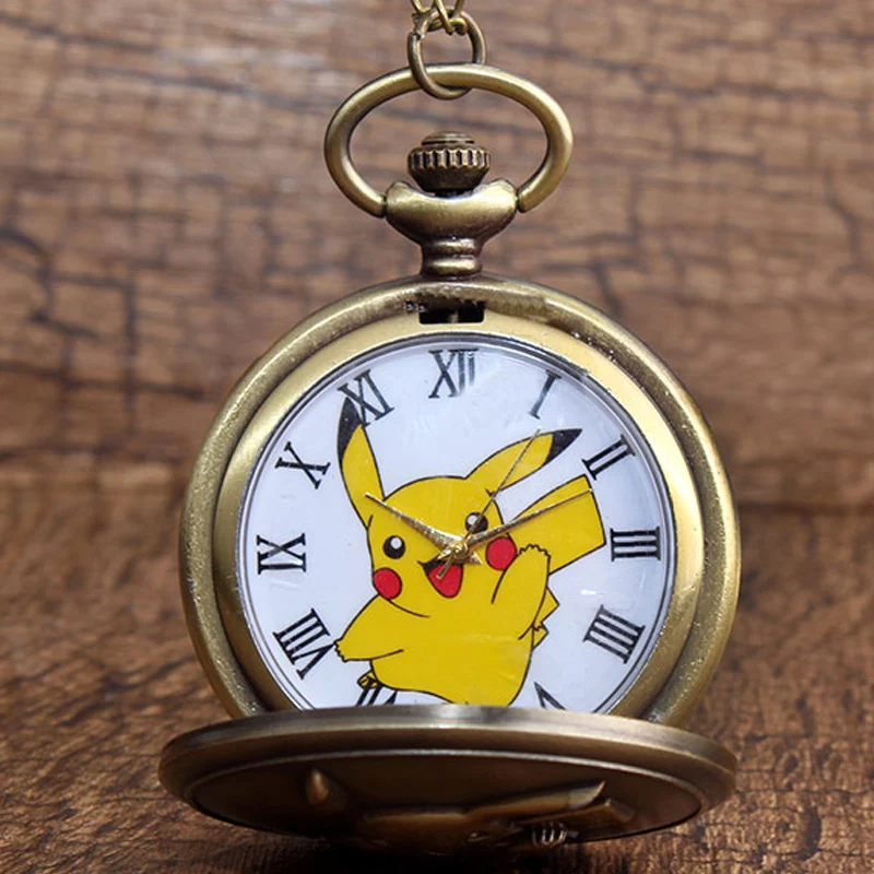 Покемон из японского аниме карманные часы ожерелье Винтаж каваи Пикачу кварцевые цепи часы кулон для детей мальчик подарок