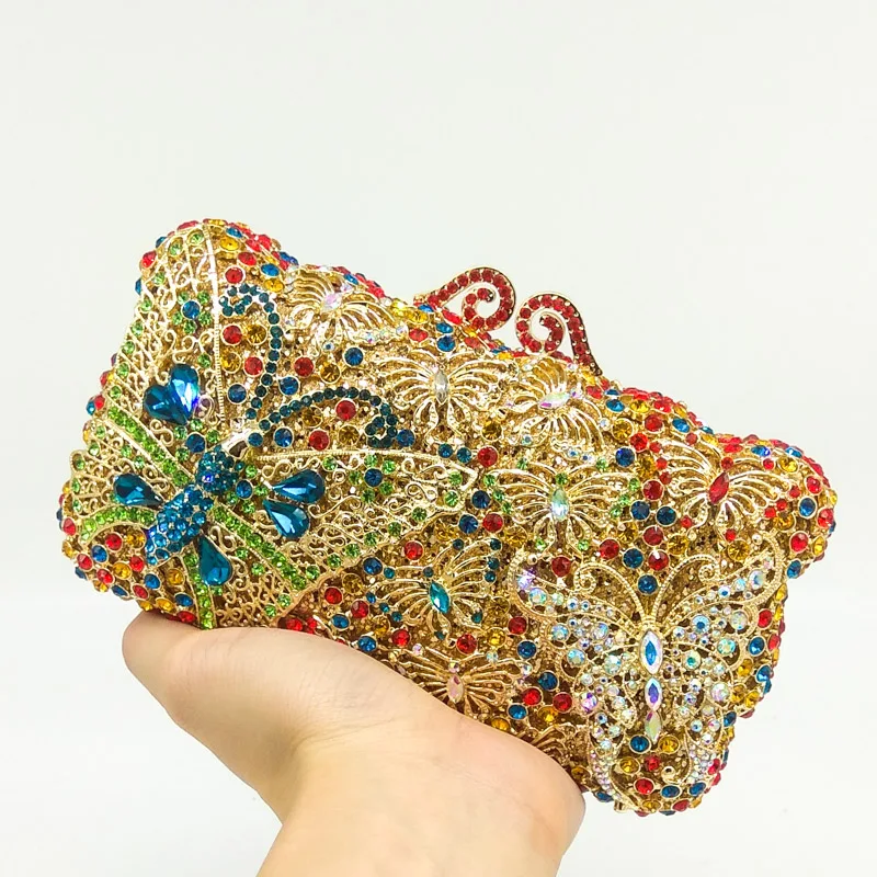Boutique De FGG золото бриллиант бабочка Minaudiere Для женщин расшитая кристаллами Сумочка