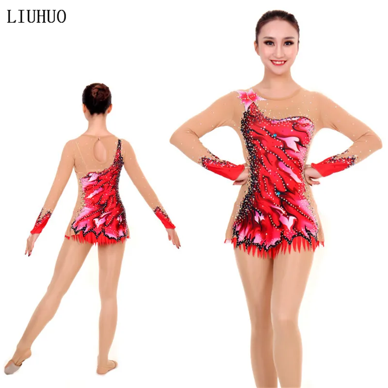 

Women rhythmic gymnastics leotards for girls performance suit Artistic gymnastics dress Long sleeve Round neck Red Stretch