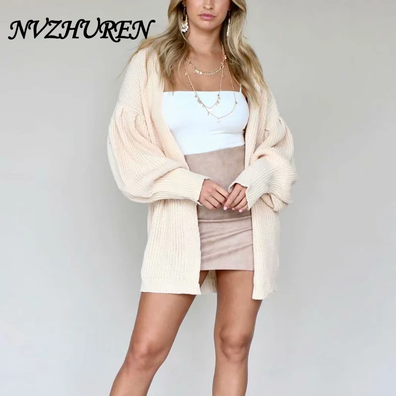 NVZHUREN с длинным рукавом повседневное свободные кардиганы для женщин фонари Осень