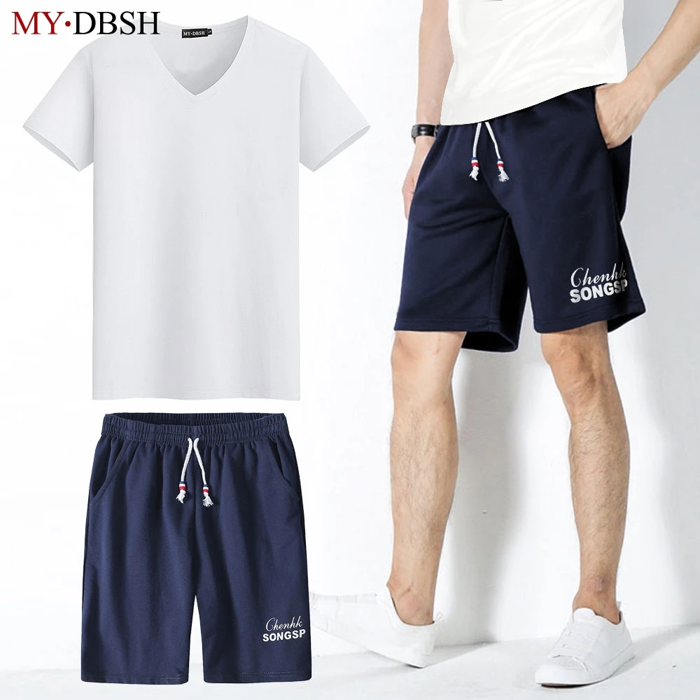 

Casual Mens Sets Summer Cotton Short Sleeve T Shirts Sets Turn Down Mens Shorts 5XL Men Clothes 2 Piece Set Elastic Waist Shorts
