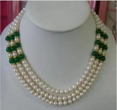

FREE SHIPPING>>>@@ > Hot sale new Style >>>>>3 Rows Real White Pearl Green Jade 18KWGP Crystal Clasp Necklace