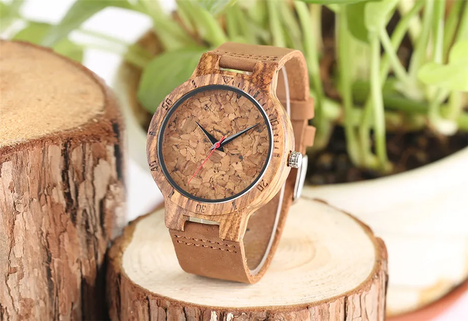 YISUYA Creative ZebraCork SlagBroken Leaves Face Nature Wood Watch Men Genuine Leather Strap Analog Women Bangle Wristwatch (23)