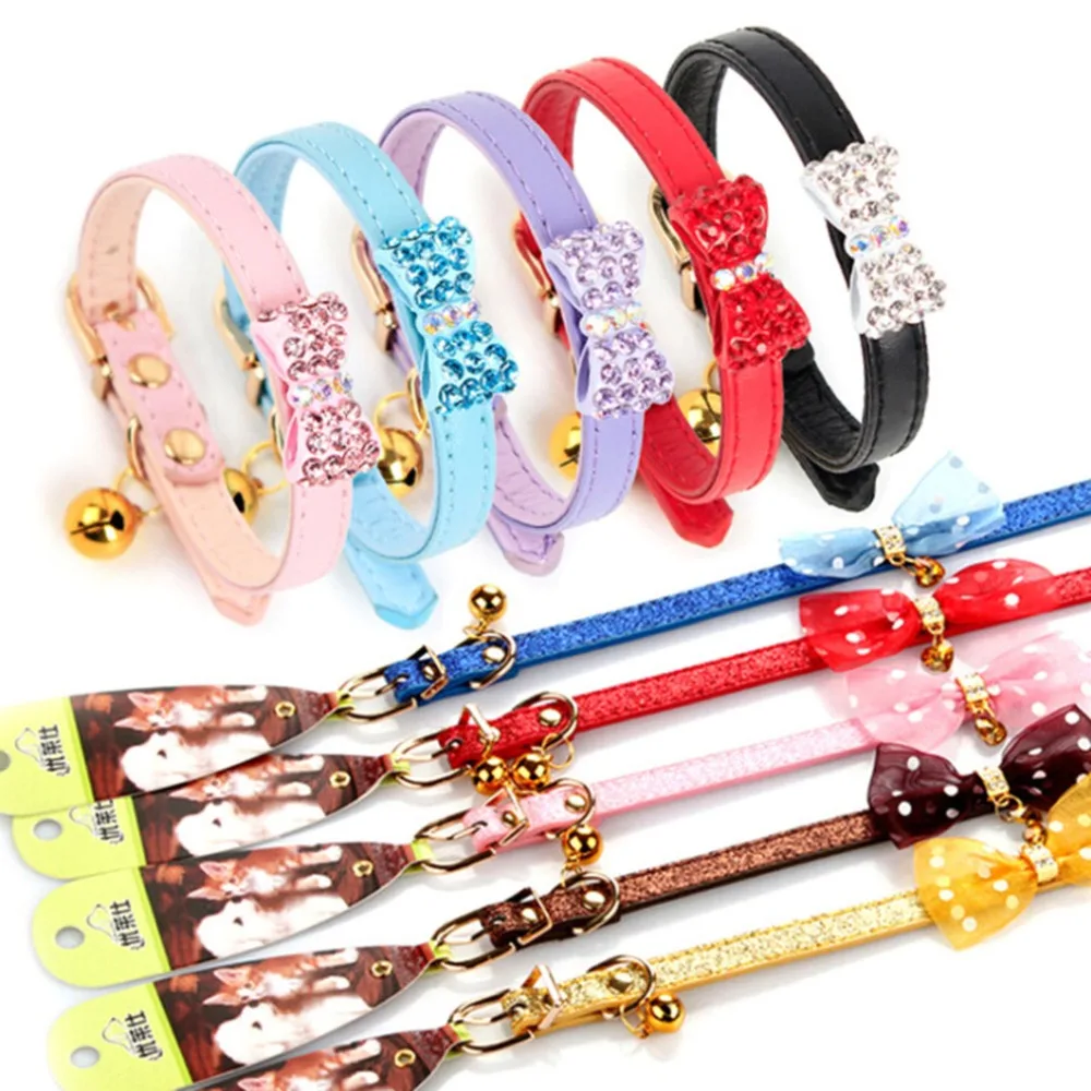 

Multi-size Code Small Dog Pet Cat Collar Grade Top Glitter Colorful PU Bell Cat Leather Collar Luxury Necklace Pet Accessories