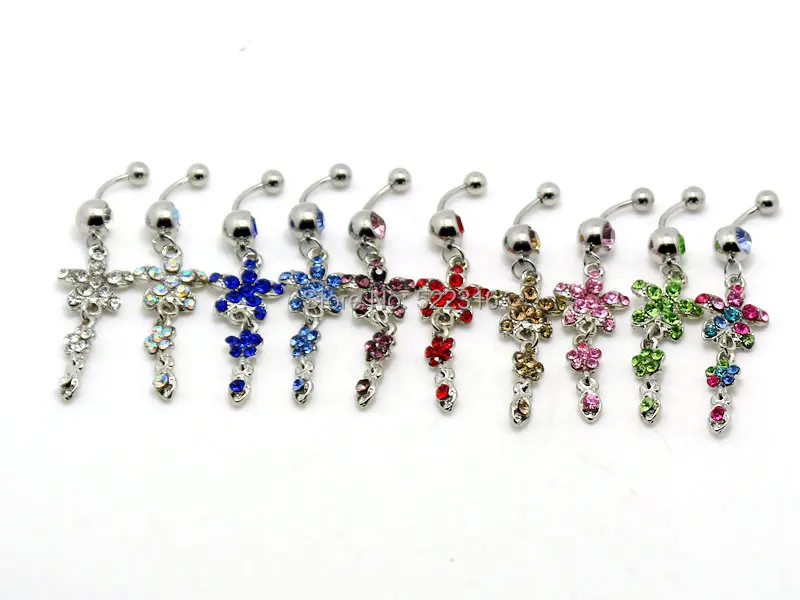 

10pcs/lot mix colors navel bar flower dangle bell button rings wholesale body piercing jewelry crystal gem belly ring 14G
