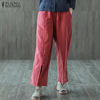 

Summer ZANZEA Vintage Split Loose Pants 2019 Women Casual Elastic Waist Wide Leg Trousers Solid Cotton Party Long Pantalon Femme