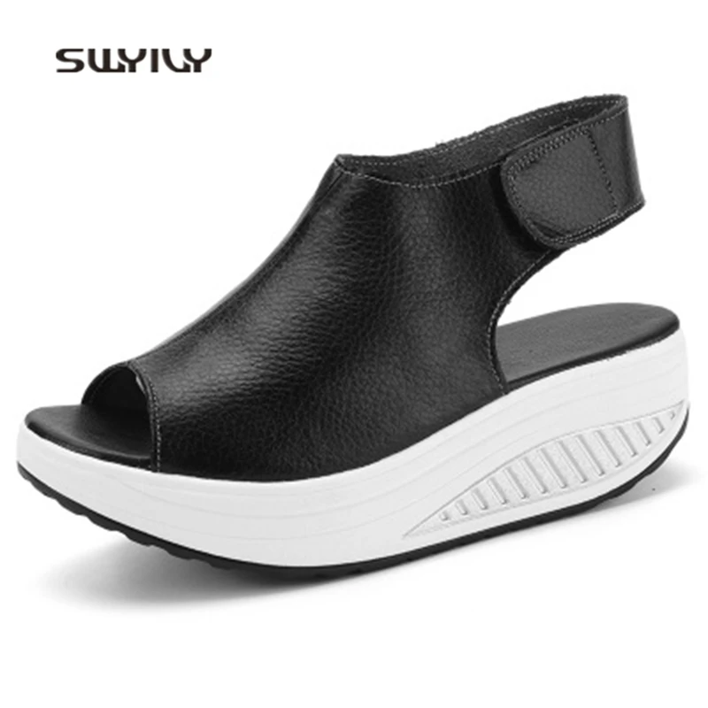 SWIVY Women Toning Shoes Fish Mouth Wedge Platform Swing Sneakers 2018 Thick Soles Hook&loop Women Slimming Shoes Solid Color