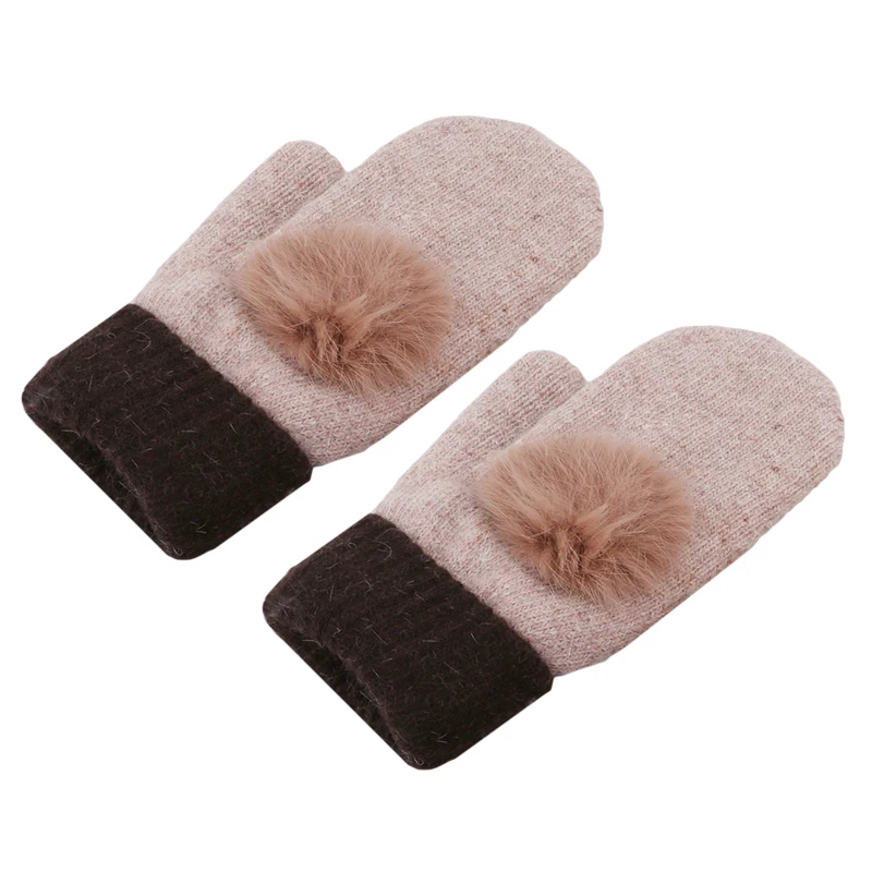 Модные однотонные двойные вязаные теплые мягкие зимние женские перчатки с меховыми помпонами из кроличьего меха