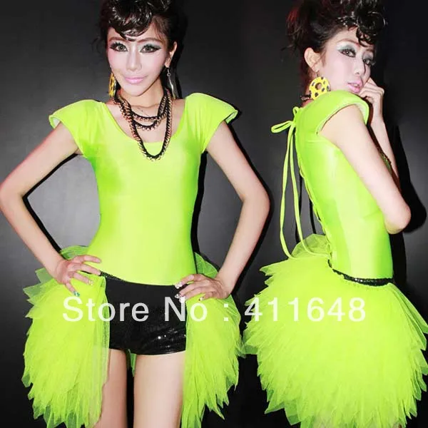 Sexy Costume Womens Fluorescence Green Bodysuit+Tutu Skirt DS Jazz Dance Wear Free Shipping | Тематическая одежда и