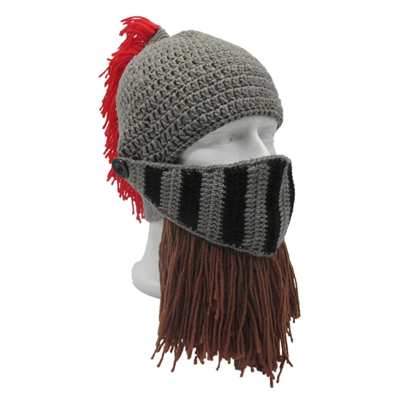 

New Men Winter Hat Face Mask Beanie Hat With Beard Adult Roman Knight Cap Crochet Boys Christmas Cosplay Halloween Gift Hats