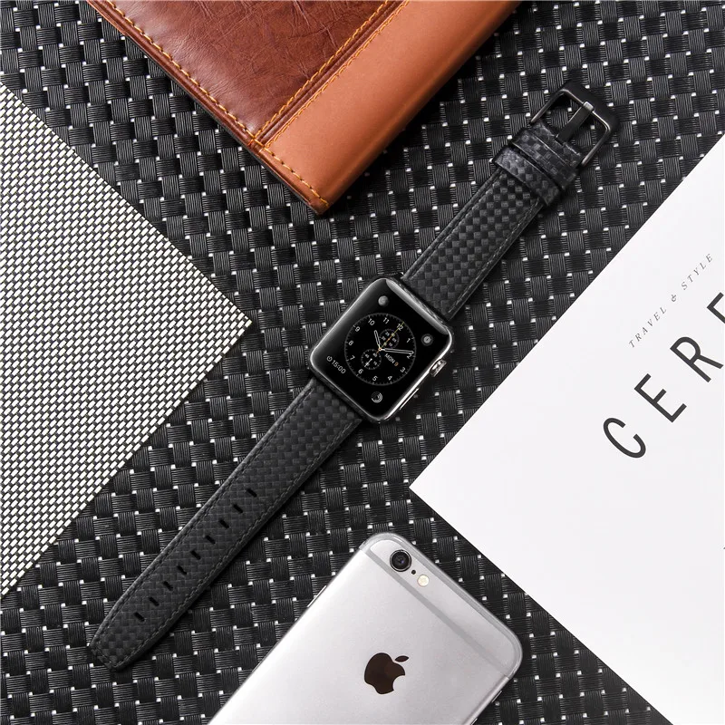 Günstig Echtes Leder Carbon Fiber Strap Für Apple Uhr Serie 5 4 3 2 Armband Ersatz uhr Band für iWatch 38mm 42mm 40mm 44mm