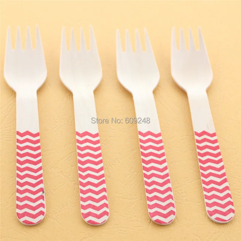 50pcs Red Chevron Wooden Forks Christmas Party,Cheap Disposable Wood