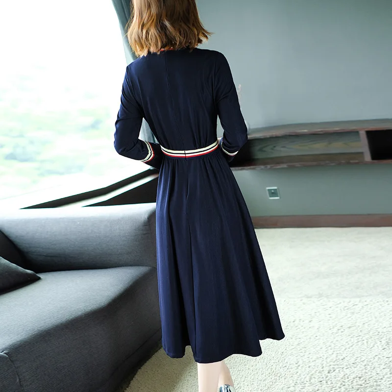 High Quality Denim Dress Autumn Winter Casual Dress for Women Striped Patchwork Long Sleeve Mid-Calf Length Blue Jeans Dress