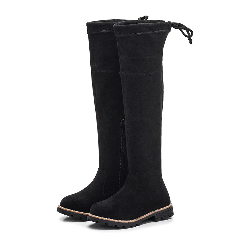 Зимняя обувь для девочек, сапоги Модные осенние черные сапоги выше колена с бантом замшевые детские высокие сапоги до колена Повседневная обувь