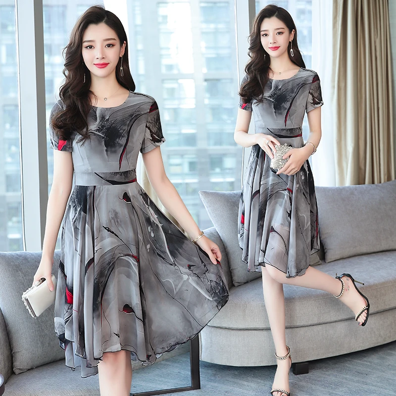 Summer Print Party Women Dress grey Elegant Lady office Mesh Midi Vintage Classic short sleeve Chiffon Vestido 2019 New Arrivals