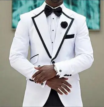 

2017 terno masculino New Slim Fit New White Groom Tuxedos Shawl Lapel with Black Pants 2 Piece Wedding Men Suits