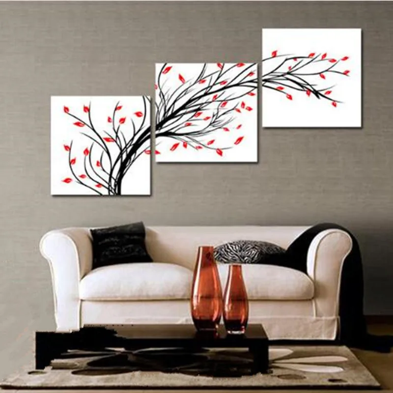 

Handpainted Abstract Red Flower Tree Oil Paintings on Canvas Modern 3 Panel Wall Painting Home Decorativos Floral White Pictures