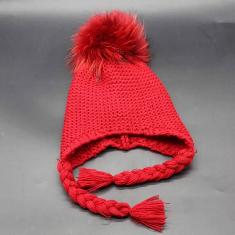 Детский помпон из меха енота, зимняя шапка с ушками, милый мех норки, помпон, теплый вязаный берет, лыжная шапка для детей - Цвет: Красный