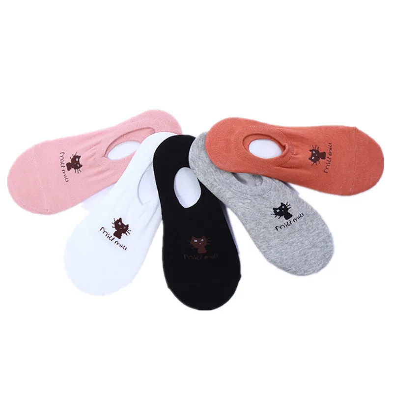 

10 Pcs=5 Pairs Women Cat Pattern Cotton Sock Slippers Low Cut Invisible Ankle Socks Gel Anti-slip Cute Short Socks For Girl