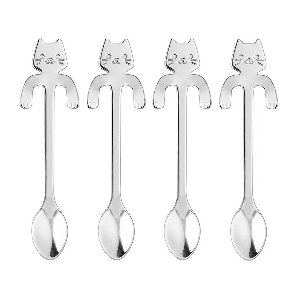

Cute cat shape cafe, tea, sugar and cake 4 x stainless steel spoons