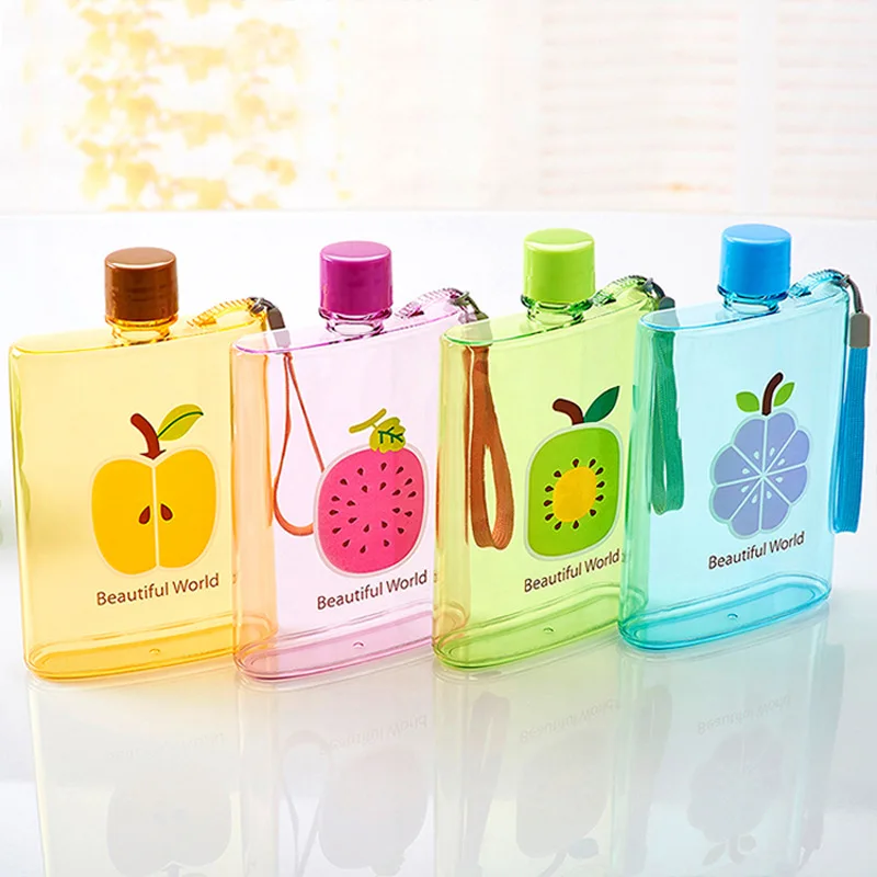 1pcs 350ML Cute Flat Water Bottle Printed Fruits Candy Color Outdoor PP