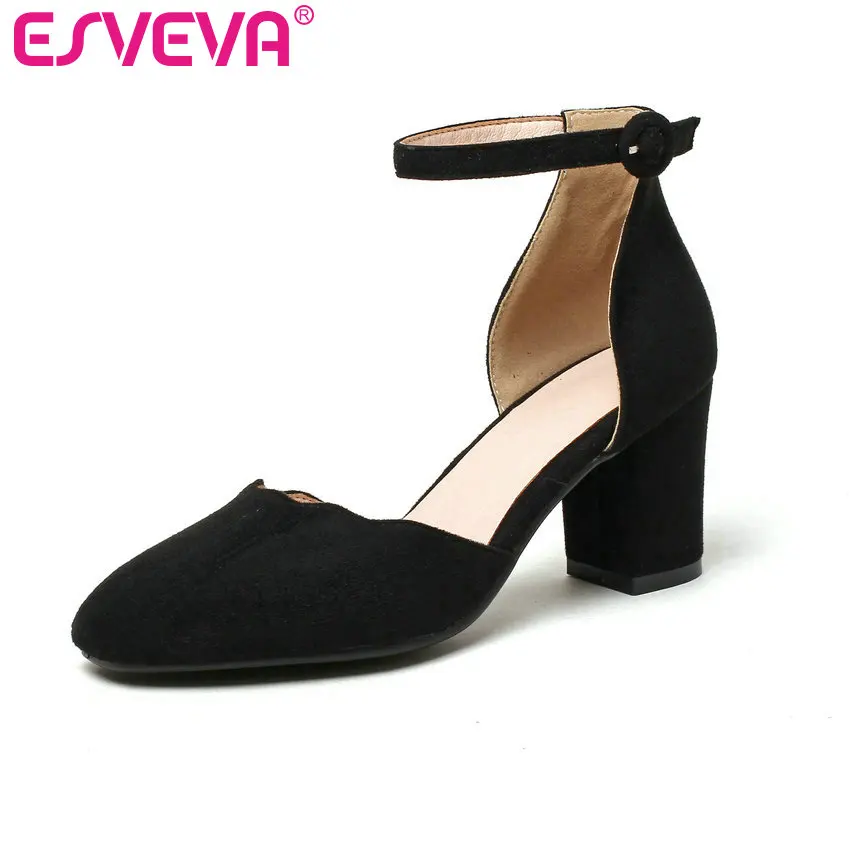 

ESVEVA 2019 Women Shoes Square High Heel Flock Pointed Toe Ankle Strap Shallow Mouth Matte Retro Elegant Ladies Pumps Size 34-43