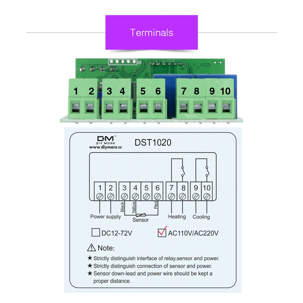 DST1020 DC 12-72 В AC 110 В 220 В двойной дисплей цифровой термостат контроллер температуры DS18B20 датчик Водонепроницаемый заменить STC-1000