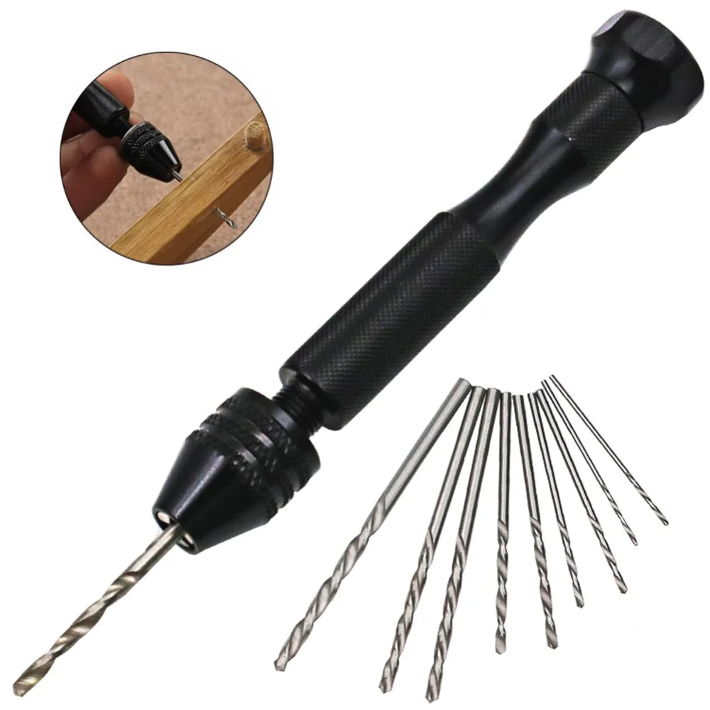 

Mini Micro Aluminum Alloy Hand Drill With Keyless Chuck and 10Pcs 1.0-3.0 mm Twist Drill Bits Woodworking Drilling Rotary Tools