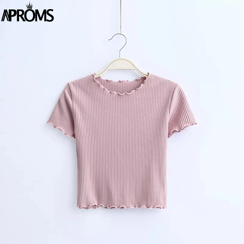 Aproms النساء الحلو محبوك قصيرة الأكمام تي شيرت 2019 الأساسية المحاصيل أعلى المحملة عارضة الأبيض تمتد T قميص الإناث أزياء الصيف أعلى