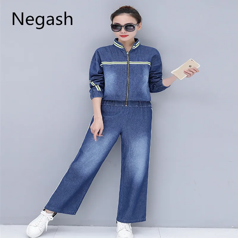 Plus size 2 Pcs Sets Women spring Suits Jacket Print Striped Cotton