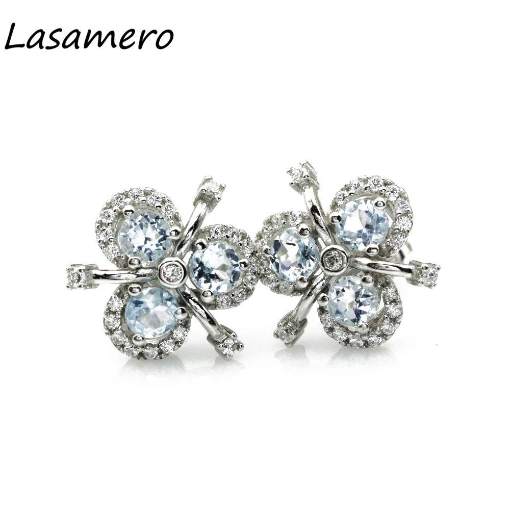 

LASAMERO 1.80CTW Round Cut Natural Blue Topaz Earrings S925 Sterling Silver Natural Gem Earring Flower Design