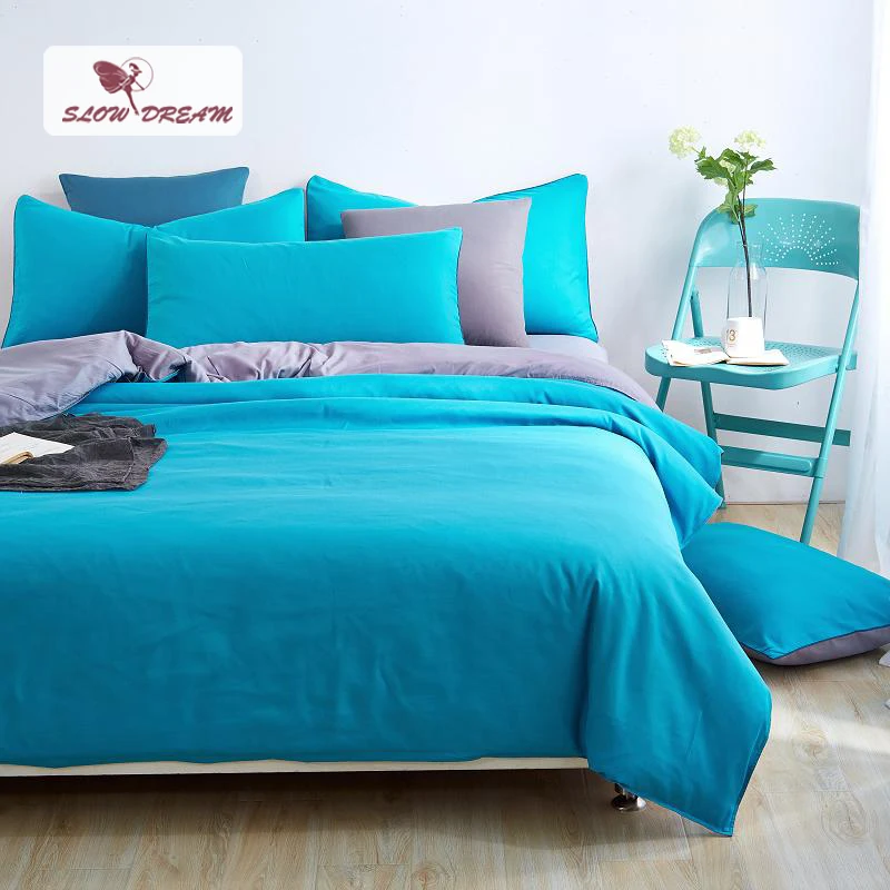 

SlowDream Sky Blue And Gray Bedding Set Solid Color Bed Linen Japan Style Flat Sheet Pillowcase Adult Double Duvet Cover Set