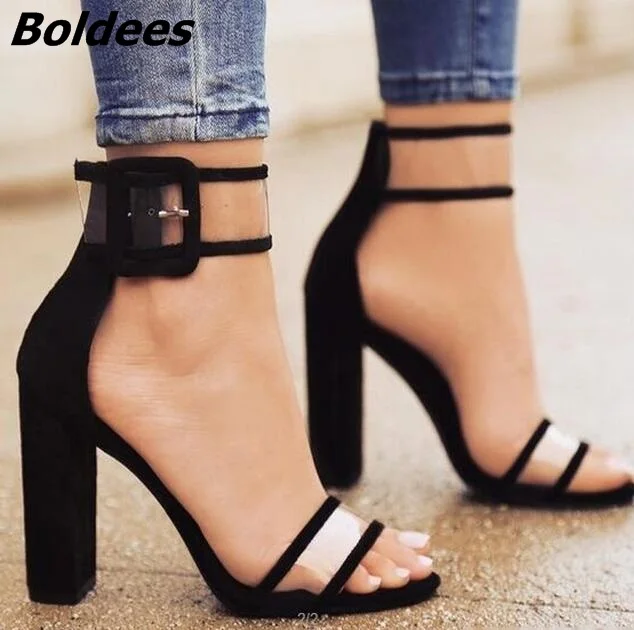 black chunky heels with clear strap