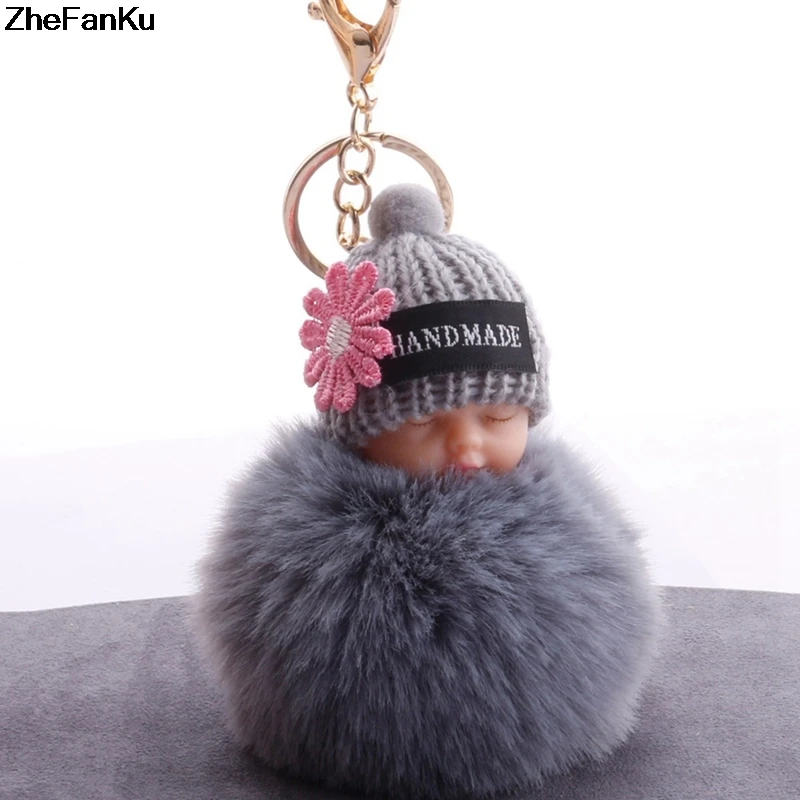 

Sleeping Baby Doll Keychain Flower Pompom Rabbit Fur Ball Key Chain Fluffy Car Keyring