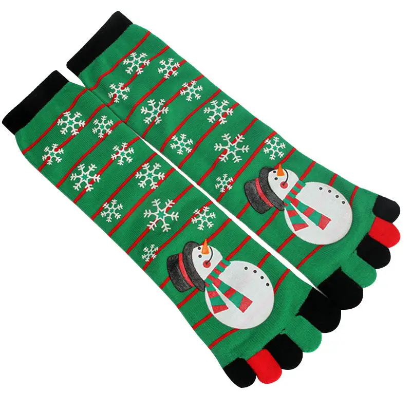 2Christmas Socks Five Fingers Women Socks Winter Warm Comfortable Ladies Toes Crew Stocking Santa Claus Reindeer Snowman Print Socks