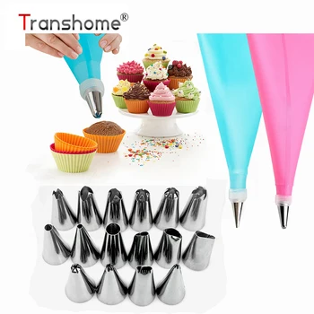 

Transhome 18 Pcs/Set Silicone Pastry Bag Tips Stainless Cream Pastry Nozzles Confectionery Equipment DIY Cake Decorating Tools