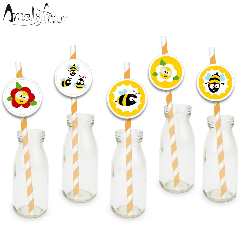 Insects Bee Theme Party Paper Straws Label Drinking Baby Shower Grand Event Kids Birthday Decorations Supplies | Дом и сад