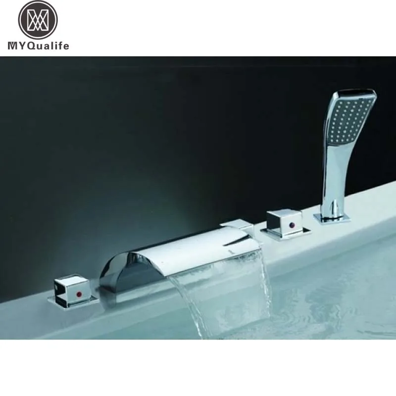 Deck Mounted 5pc Widespread Bathtub Faucet with Waterfall Spout + ABS Handheld Shower Head