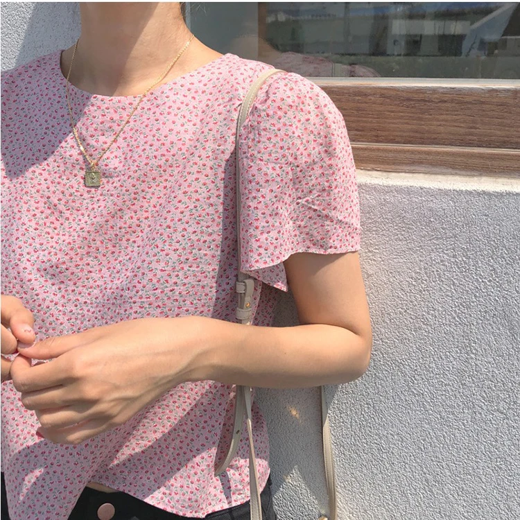 

Fresh Romantic Chiffon Shirt Women Top Puff Sleeve Sheer Flower Print Cropped Chemise Femme Chemisier Blusa Mujer Camisa Mujer