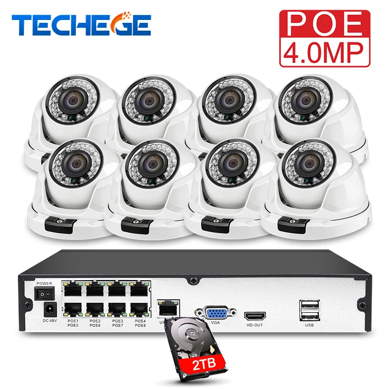 

Techege H.265 8CH POE NVR CCTV Camera System 4MP POE IP Camera 2560*1440 Night Vision Motion Detection Onvif APP PC Remote View