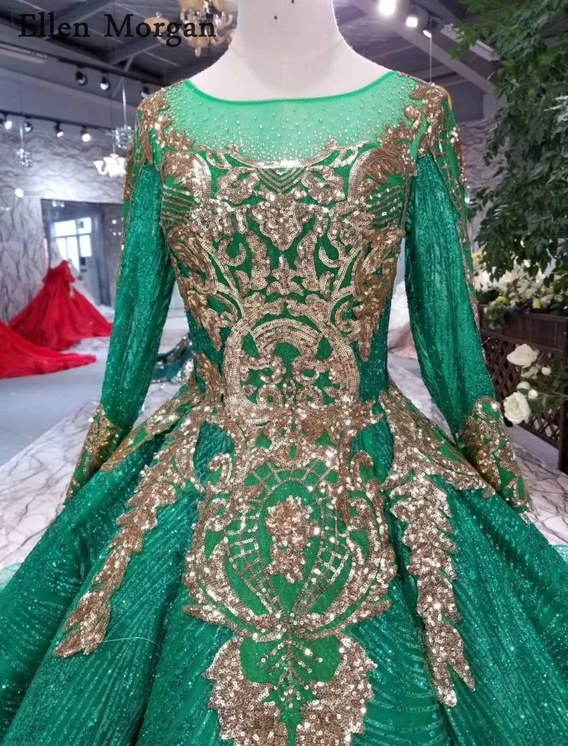 Зеленые блестящие свадебные платья с длинными рукавами для женщин Пышное красочное кружевное корсет Саудовская Аравия Африка черное свадебное платье класса люкс