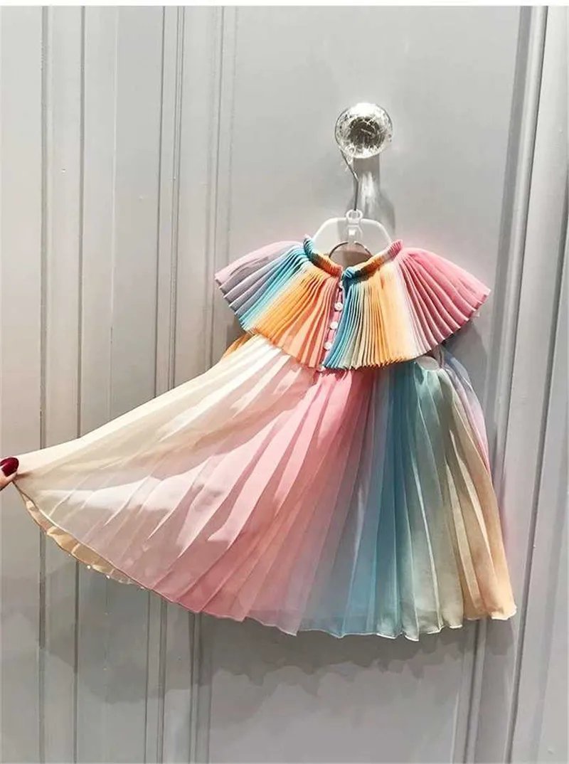 Детская одежда корейские платья для девочек Радужное платье феи летнее классное шифоновое Плиссированное детское платье платья для девочек