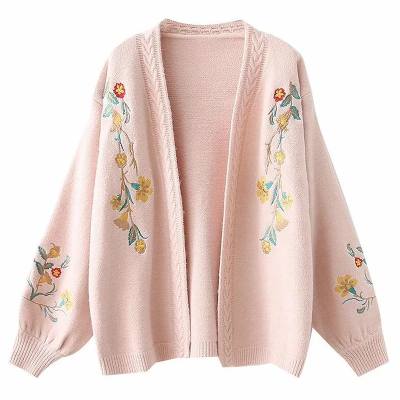 Oversized blue Embroidered Short pink 2018 Shawl Flora Autumn Beige Cardigan With Female V Small Fashion Knit Coats Woman Sweater neck qpwgWUaWR