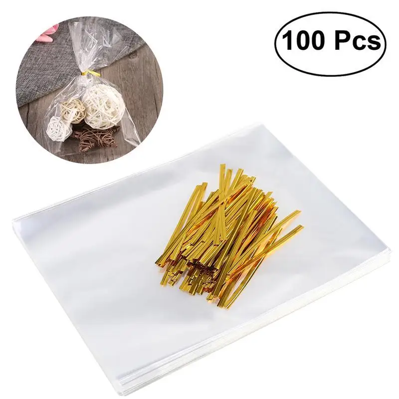 

100pcs Clear Treat Bags Cellophane Bags with 100pcs Golden Twist Ties for Candy Bread Chocolate Jelly