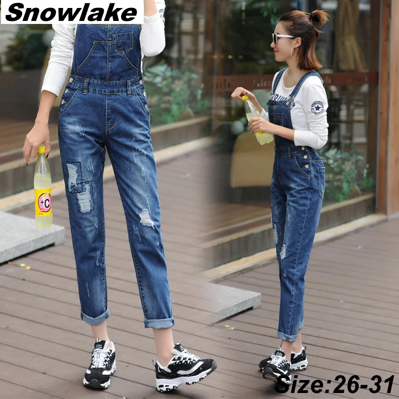 

Snowlake 2017 New Spring Korean Style Female Jeans Strap Hole Personality Cowboy Ankle-length Suspenders Pants