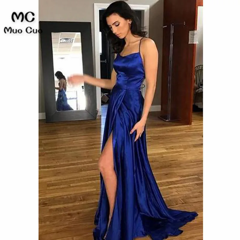 

2018 Royer Blue Prom Dresses Long V-Neck Front Split Floor Length Backless Shiny Satin Formal Evening Party Dress for Women