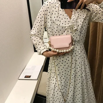 

NEW-Women'S Shoulder Messenger Bag Wild Small Square Bag Flip Chic Chain Bag Female Pearl Tote